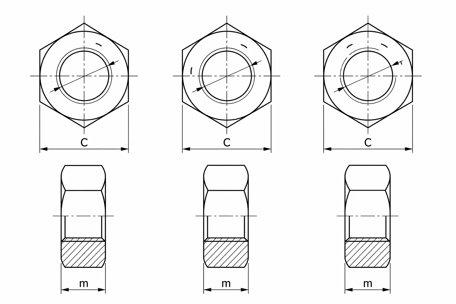 Plano tecnico de tuerca hexagonal