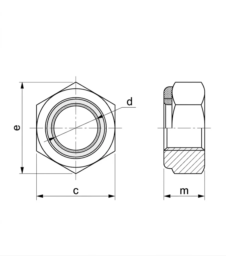 Plano tecnico de tuerca hexagonal con seguro nylon