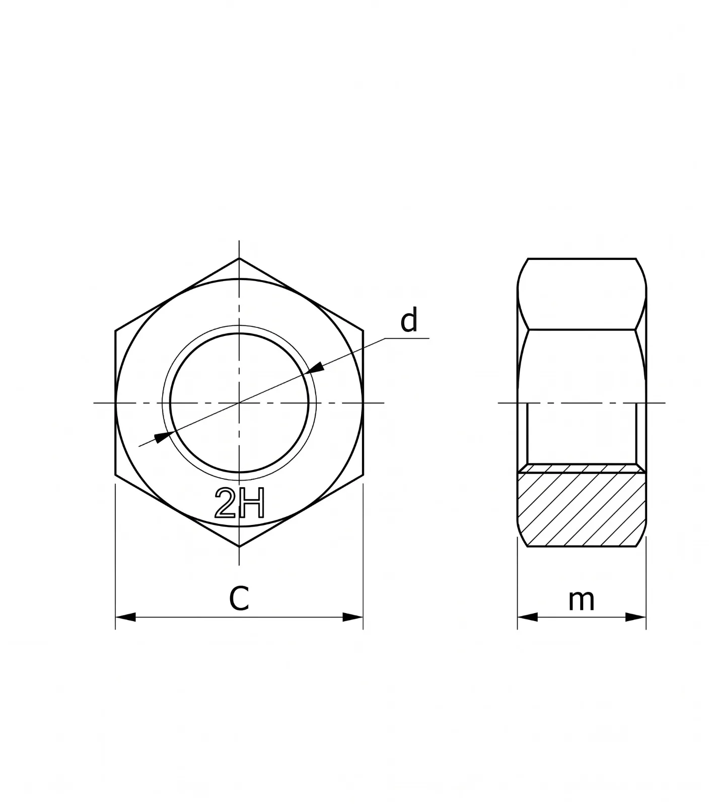 Plano tecnico de tuerca hexagonal