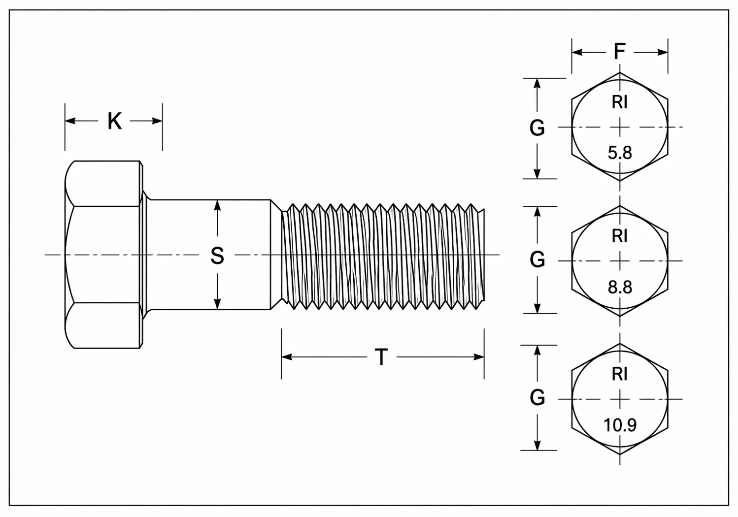 Plano tecnico de perno hexagonal metrico